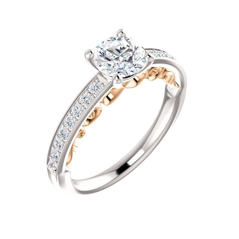 The Amelia Moissanite round moissanite engagement ring solitaire setting white gold and rose gold accent