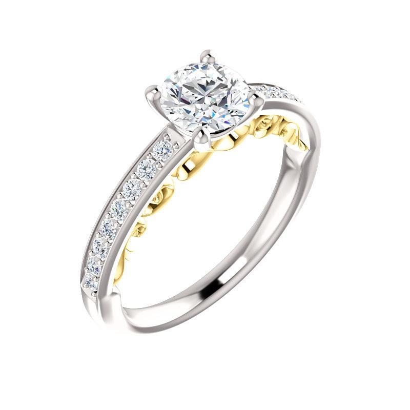 The Amelia Moissanite round moissanite engagement ring solitaire setting white gold and yellow gold accent