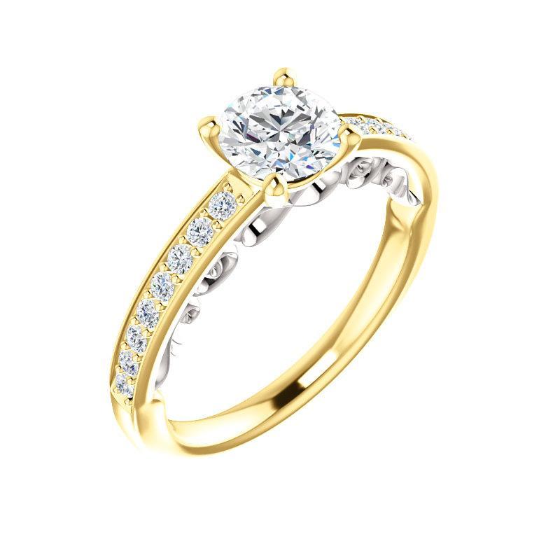 The Amelia Moissanite round moissanite engagement ring solitaire setting yellow gold and white gold accent