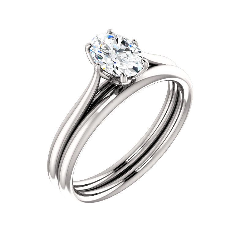 The Teresa Oval Moissanite Engagement Ring High Polished Solitaire Setting White Gold With Matching Band