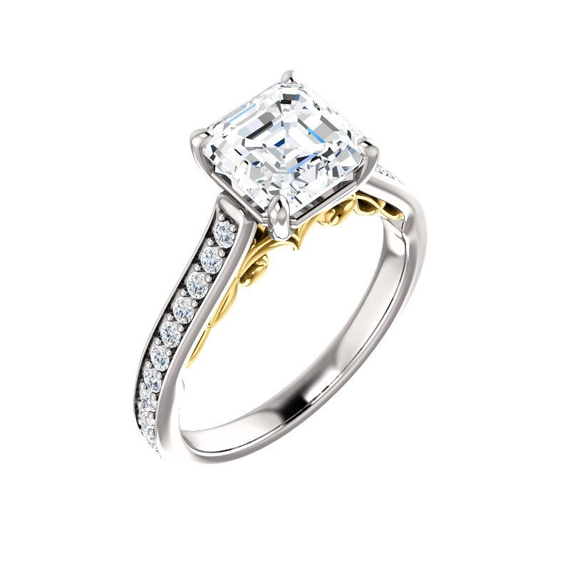 The Andrea Asscher Moissanite Ring diamond engagement ring solitaire setting white gold and yellow gold accent