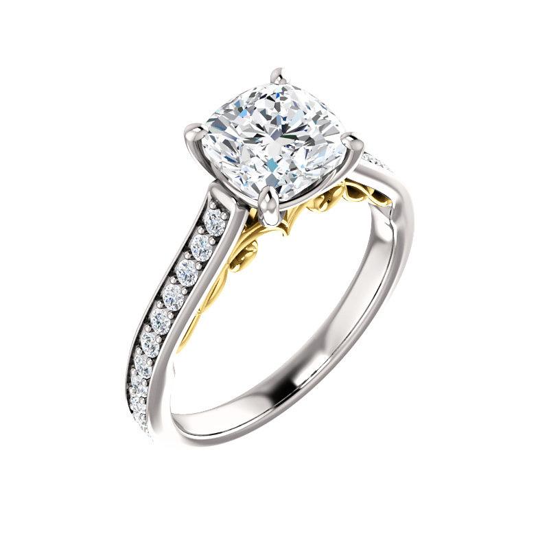 The Andrea Cushion lab diamond ring diamond engagement ring solitaire setting white gold and yellow gold accent