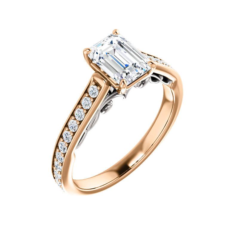 The Andrea Emerald Moissanite Ring diamond engagement ring solitaire setting rose gold and white accent