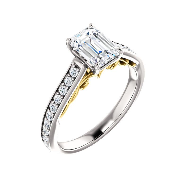 The Andrea Emerald Moissanite Ring diamond engagement ring solitaire setting white gold and yellow gold accent