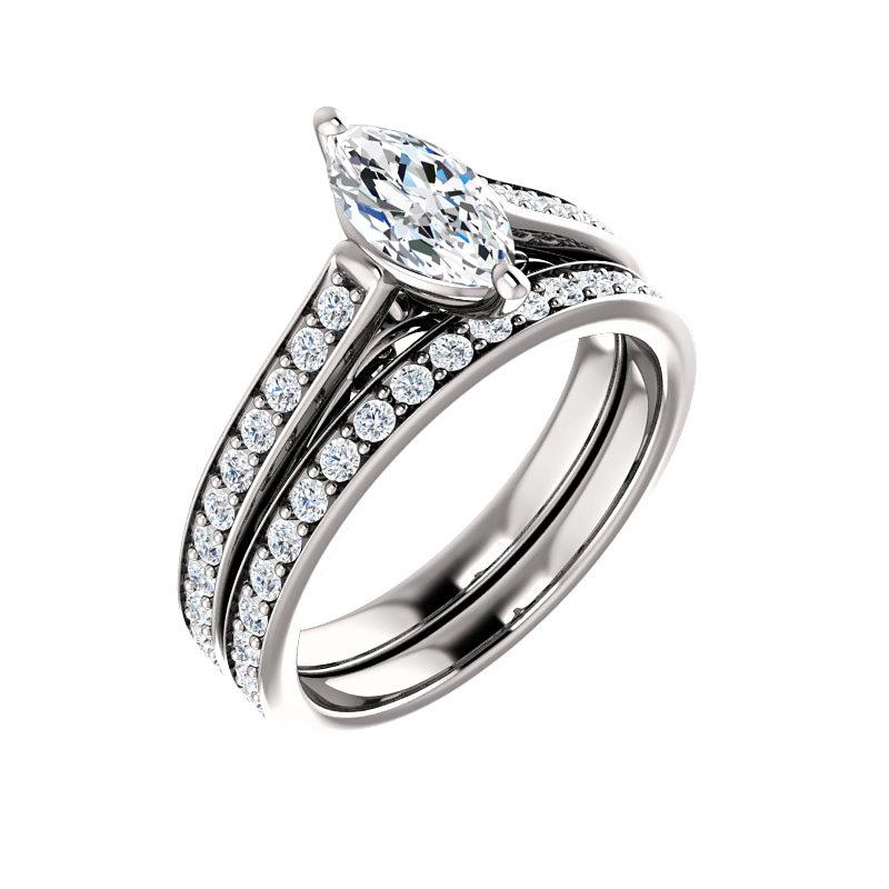 The Andrea Marquise Moissanite Ring diamond engagement ring solitaire setting white gold with matching band