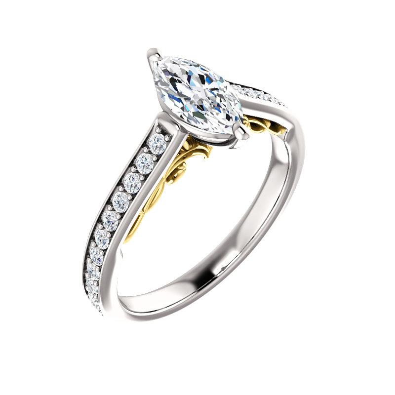 The Andrea Marquise Moissanite Ring diamond engagement ring solitaire setting white gold and yellow gold accent