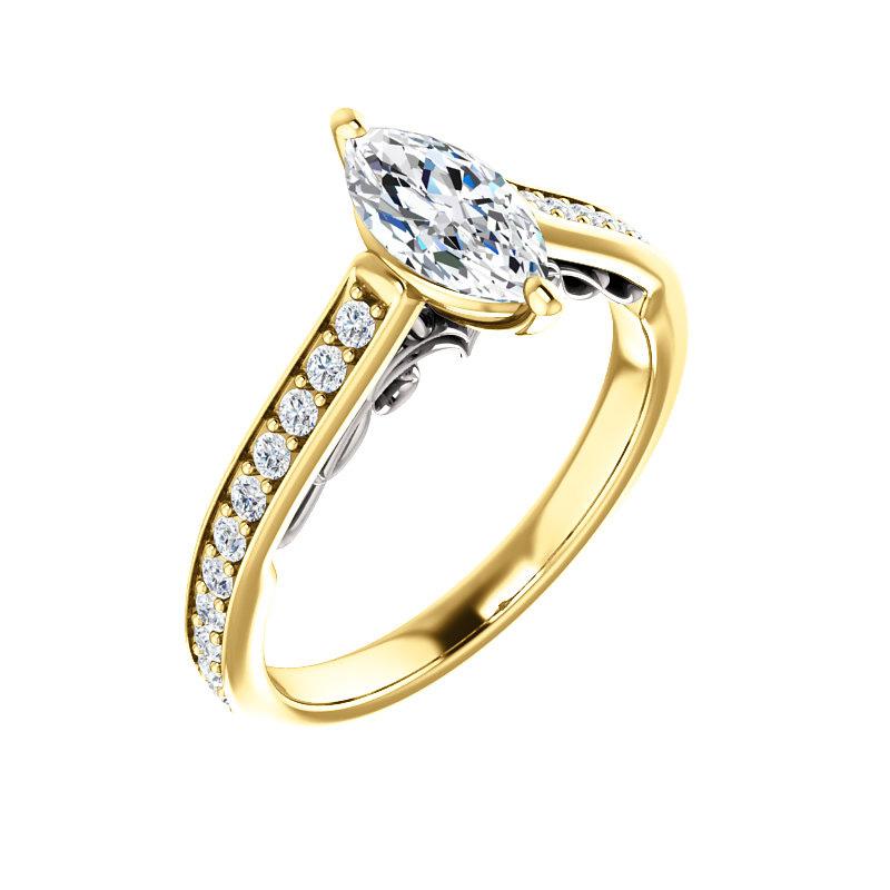 The Andrea Marquise Moissanite Ring diamond engagement ring solitaire setting yellow gold and white gold accent