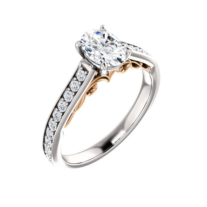 The Andrea Oval lab diamond ring diamond engagement ring solitaire setting white gold and rose gold accent
