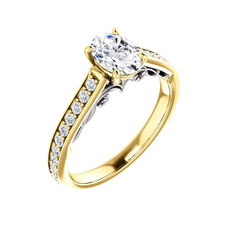 The Andrea Oval lab diamond ring diamond engagement ring solitaire setting yellow gold and white gold accent