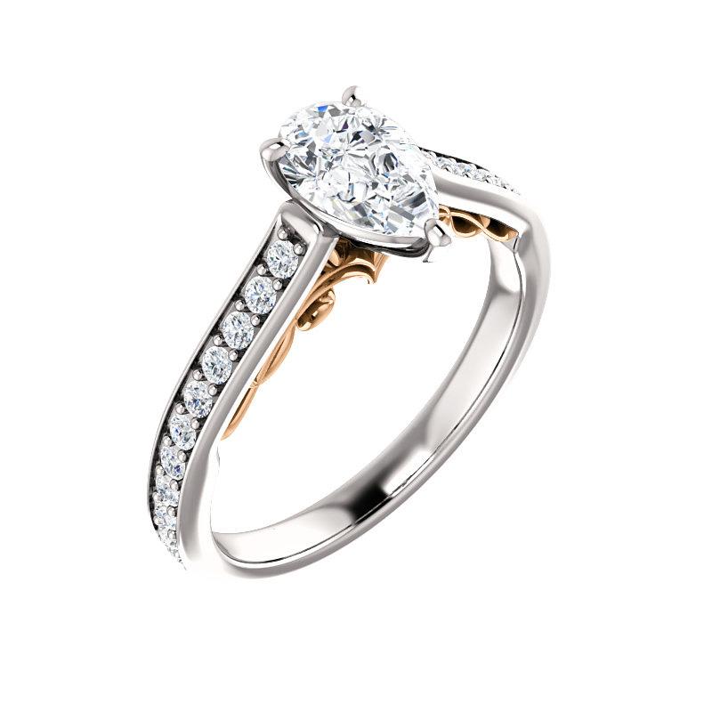 The Andrea Pear Moissanite Ring diamond engagement ring solitaire setting white gold and rose gold accent