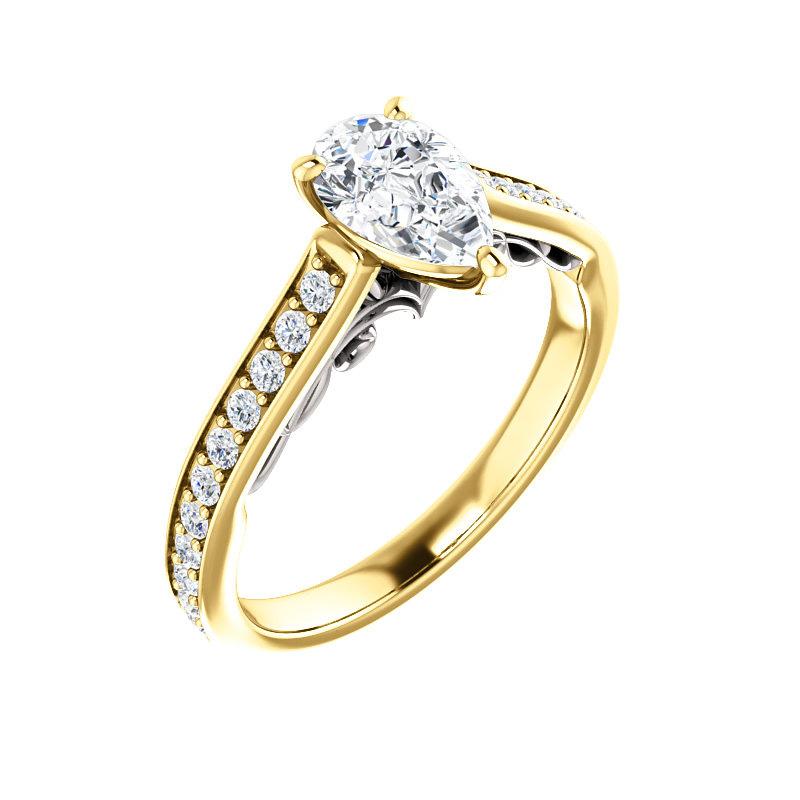 The Andrea Pear Moissanite Ring diamond engagement ring solitaire setting yellow gold and white gold accent