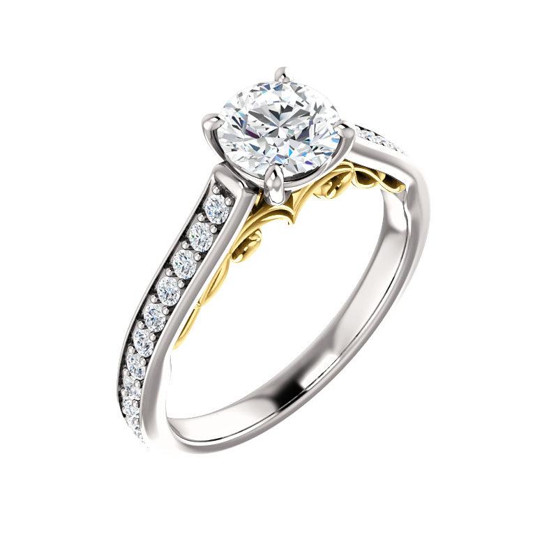 The Andrea Round Moissanite Ring diamond engagement ring solitaire setting white gold and yellow gold accent