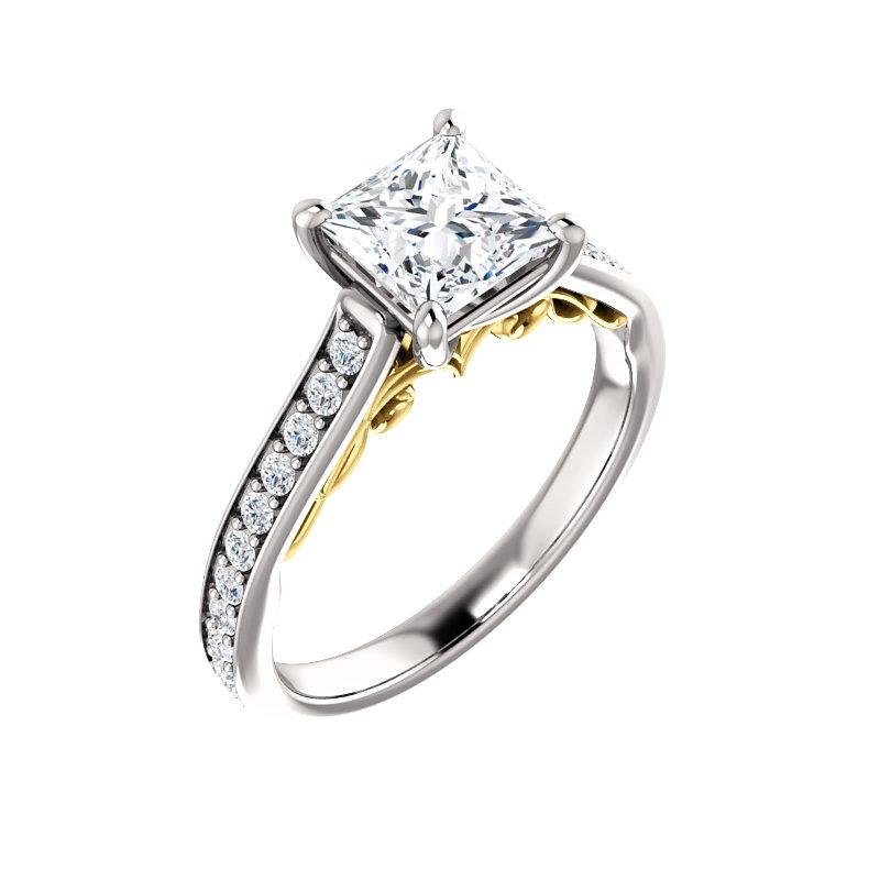 The Andrea Princess Moissanite Ring diamond engagement ring solitaire setting white gold and yellow gold accent