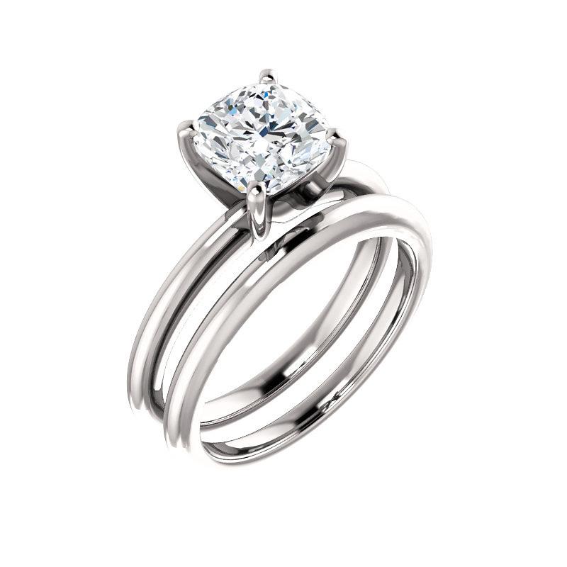 The Four Prongs Cushion Moissanite Engagement Ring Solitaire Setting White Gold With Matching Band