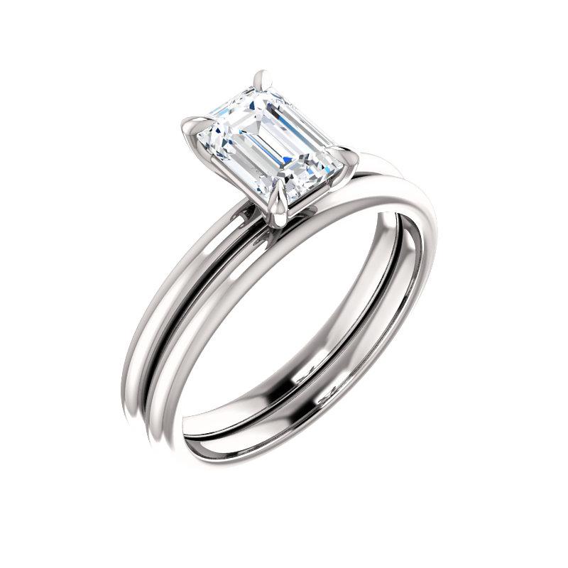 The Julie Emerald Moissanite Engagement Ring Solitaire Setting White Gold With Matching Band