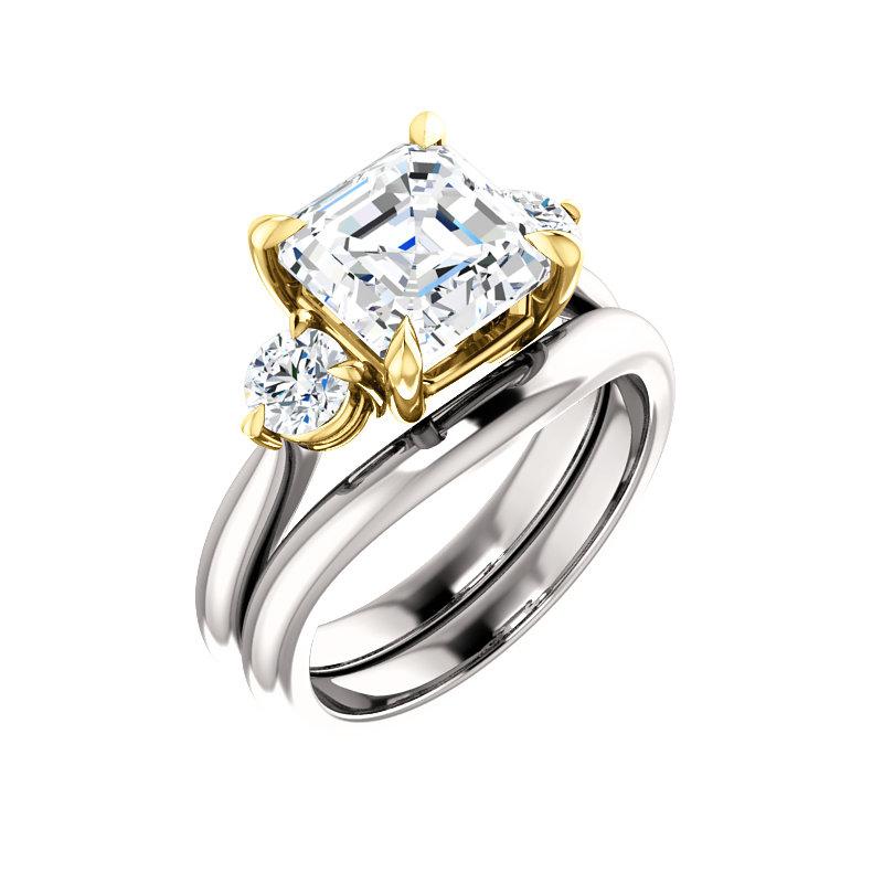 The Tina Asscher Moissanite Engagement Threestone Ring Setting White Gold With Matching Band