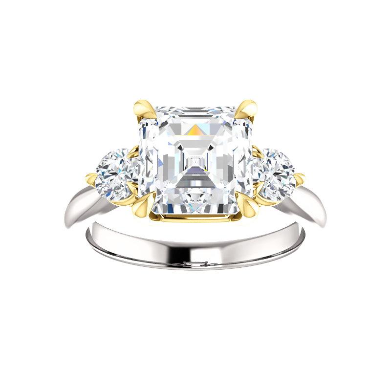 The Tina Asscher Moissanite Engagement Threestone Ring Setting In White Gold with Rose Gold Prongs