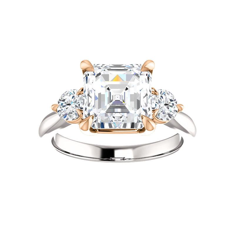 The Tina Asscher Moissanite Engagement Threestone Ring Setting In White Gold with Rose Gold Prongs