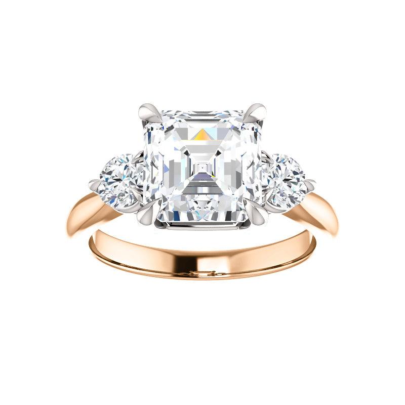 The Tina Asscher Moissanite Engagement Threestone Ring Setting Rose Gold with White Prongs