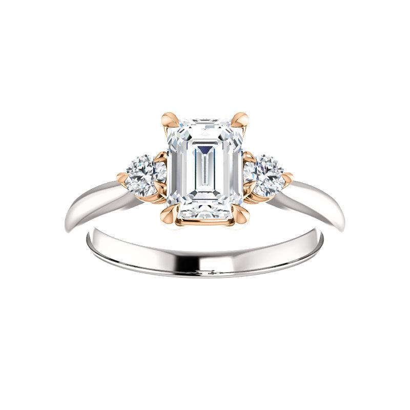 The Tina Emerald Moissanite Engagement Threestone Ring Setting In White Gold with Rose Gold Prongs