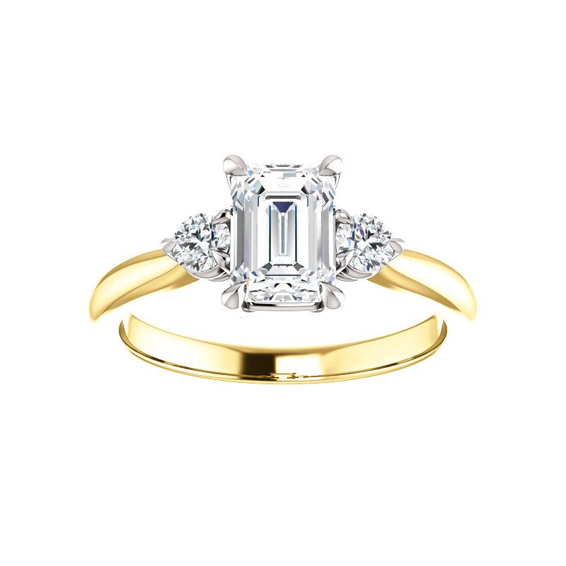 The Tina Emerald Moissanite Engagement Threestone Ring Setting Yellow Gold with White Prongs