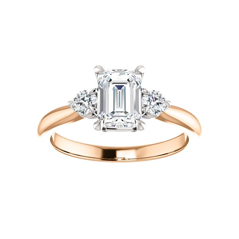The Tina Emerald Moissanite Engagement Threestone Ring Setting Rose Gold with White Prongs