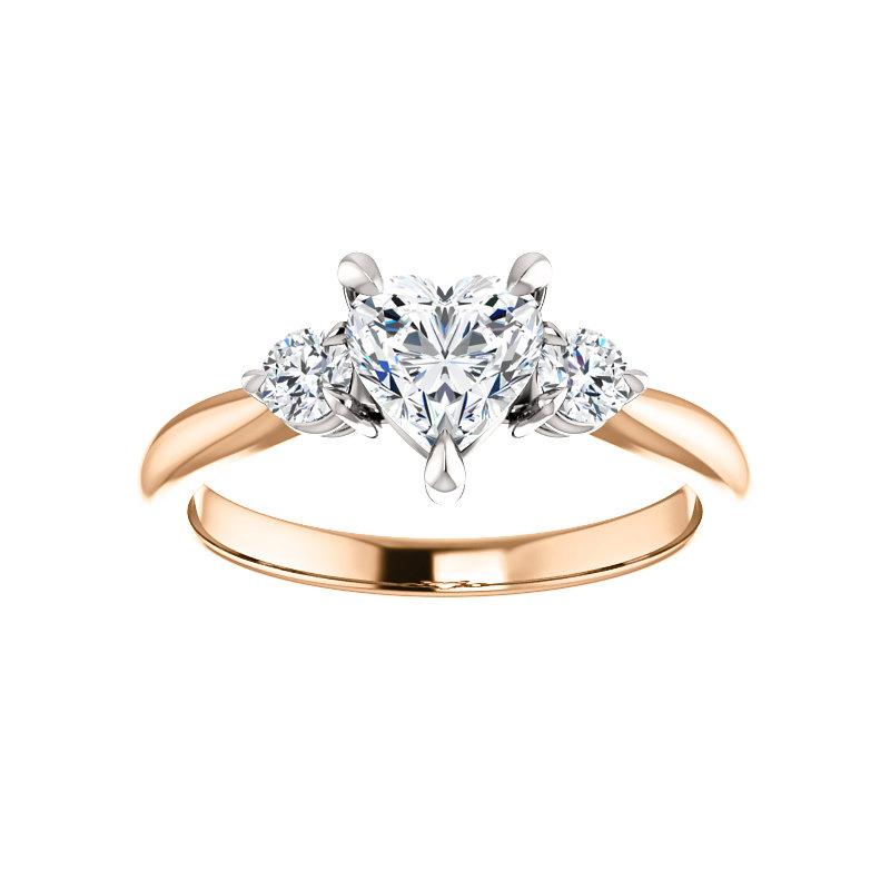The Tina Heart Moissanite Engagement Threestone Ring Setting Rose Gold with White Prongs