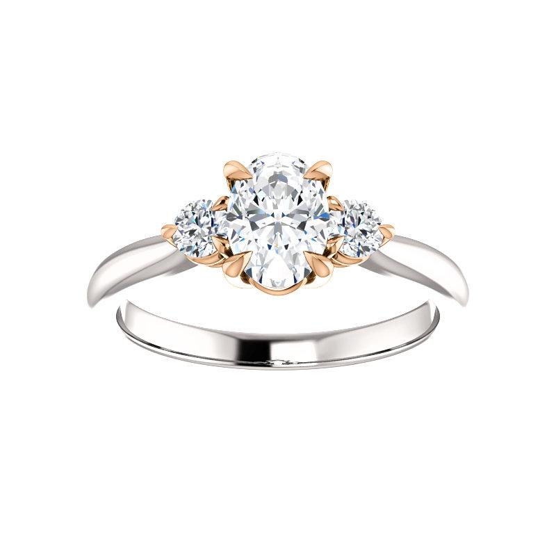 The Tina Oval Moissanite Engagement Threestone Ring Setting In White Gold with Rose Gold Prongs