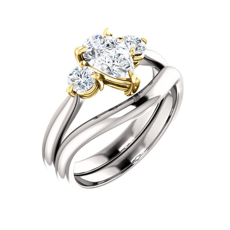 The Tina Pear Moissanite Engagement Threestone Ring Setting White Gold With Matching Band