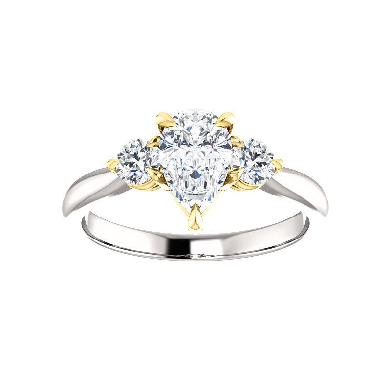 The Tina Pear Moissanite Engagement Threestone Ring Setting In White Gold with Rose Gold Prongs