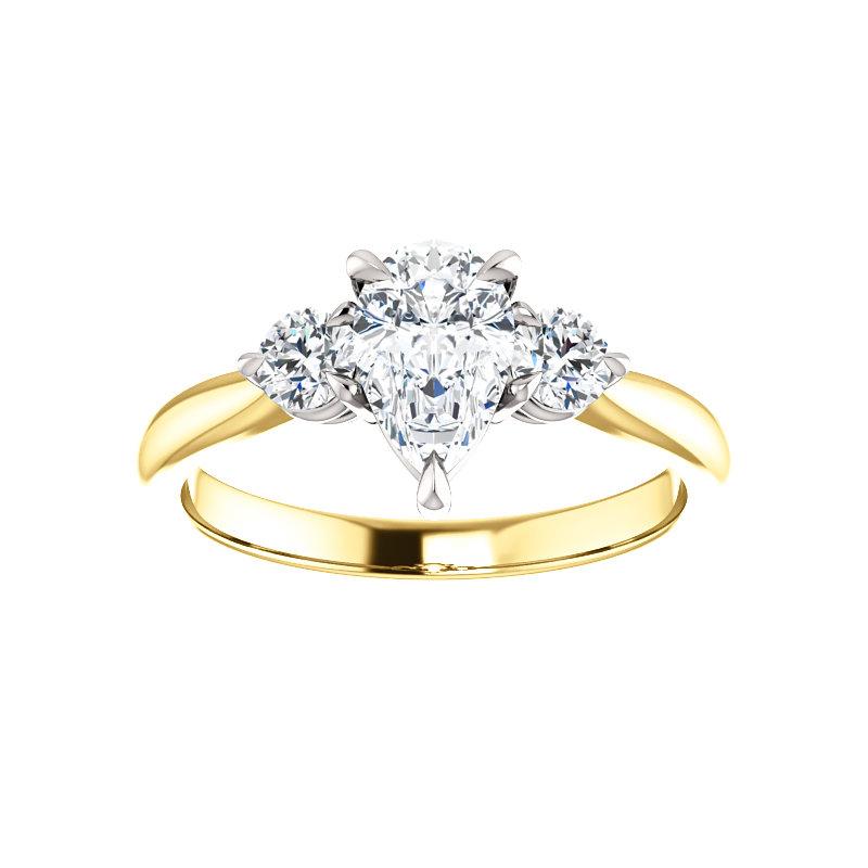 The Tina Pear Moissanite Engagement Threestone Ring Setting Yellow Gold with White Prongs