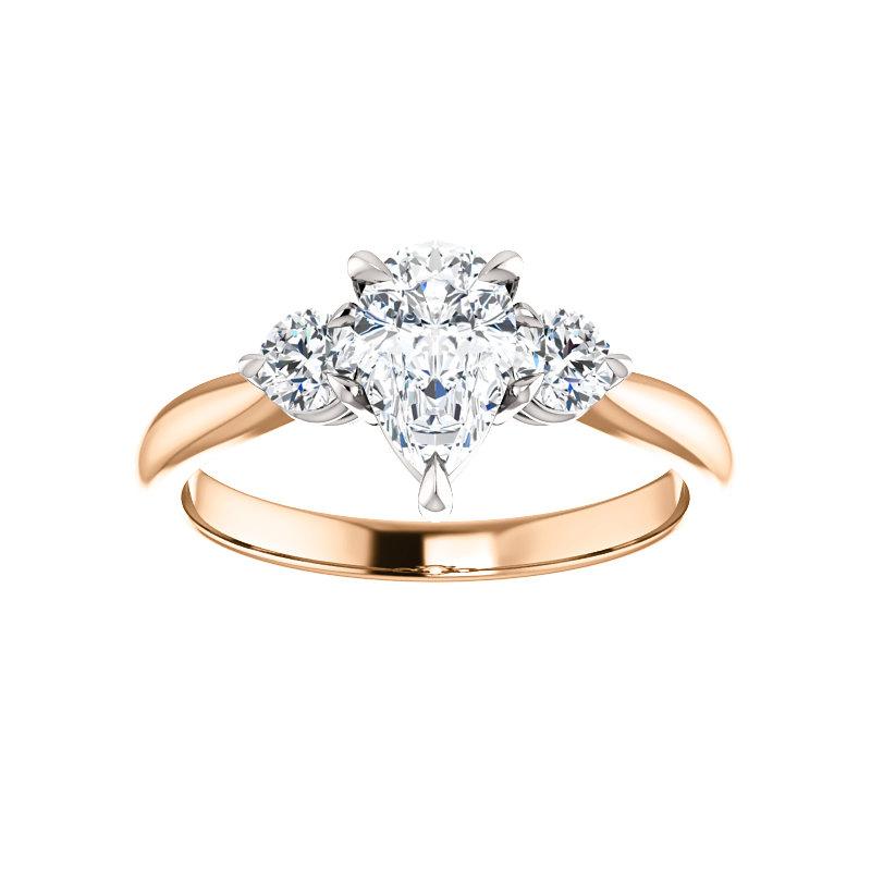 The Tina Pear Moissanite Engagement Threestone Ring Setting Rose Gold with White Prongs