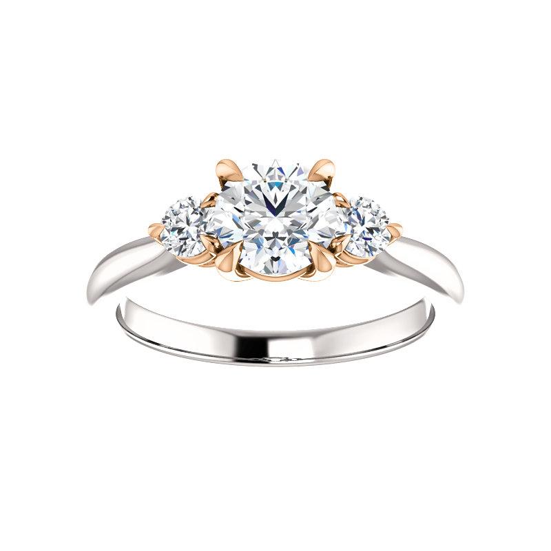 The Tina Round Moissanite Engagement Threestone Ring Setting In White Gold with Rose Gold Prongs