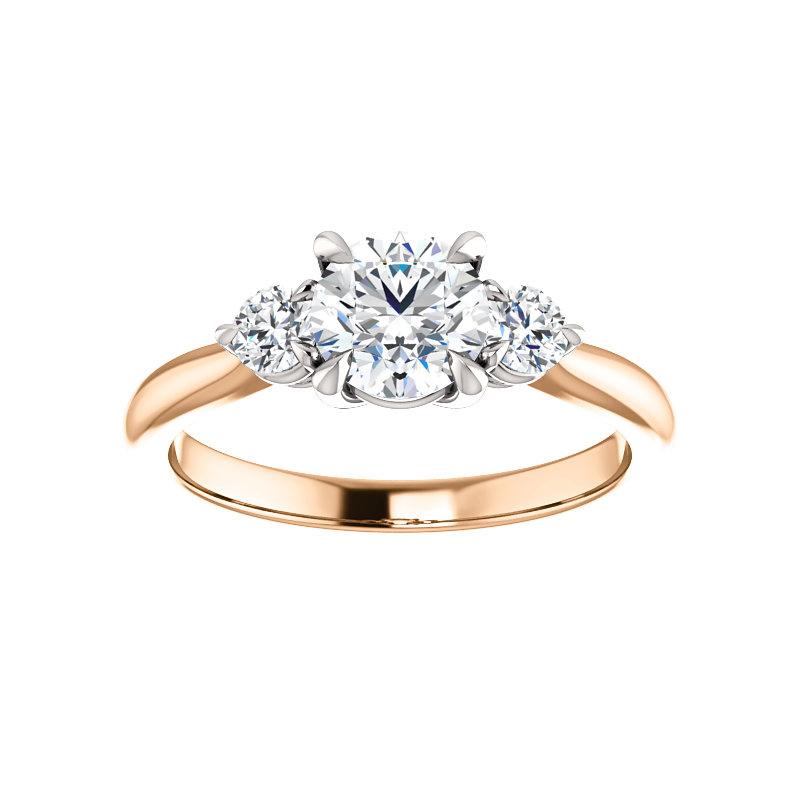The Tina Round Moissanite Engagement Threestone Ring Setting Rose Gold with White Prongs