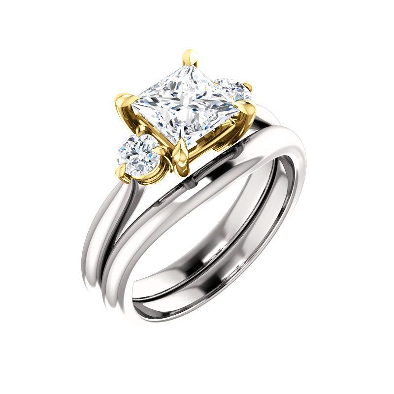 The Tina Princess Moissanite Engagement Threestone Ring Setting White Gold With Matching Band