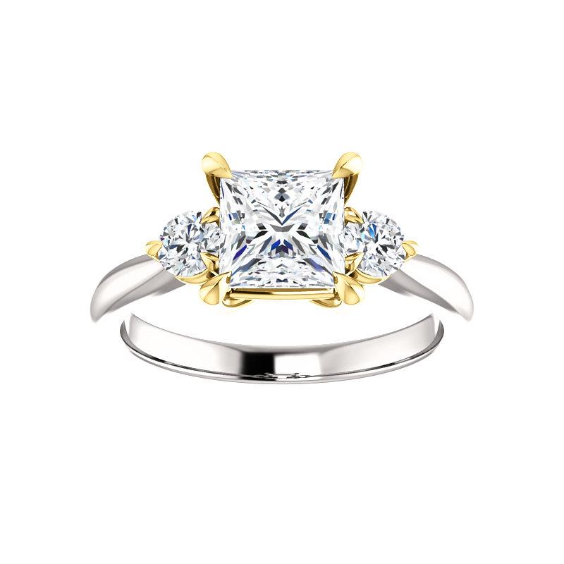 The Tina Princess Moissanite Engagement Threestone Ring Setting In White Gold with Rose Gold Prongs