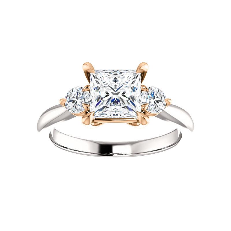 The Tina Princess Moissanite Engagement Threestone Ring Setting In White Gold with Rose Gold Prongs