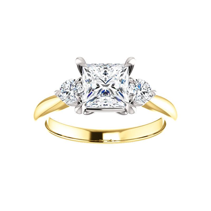 The Tina Princess Moissanite Engagement Threestone Ring Setting Yellow Gold with White Prongs