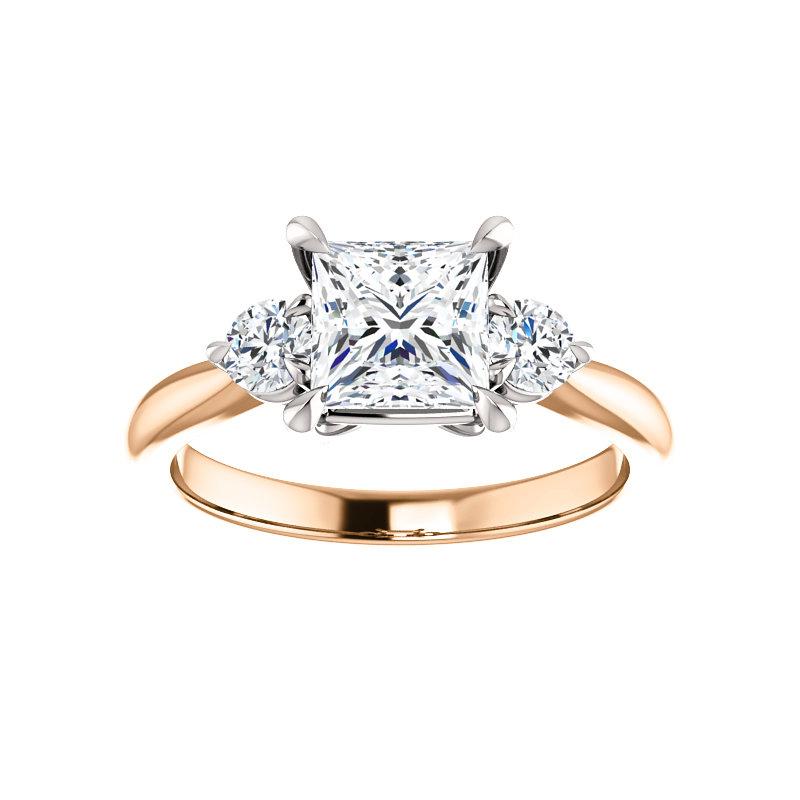 The Tina Princess Moissanite Engagement Threestone Ring Setting Rose Gold with White Prongs