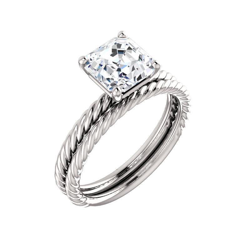 The Lacey Asscher Moissanite Engagement Ring Rope Solitaire Setting White GoldWith Matching Band