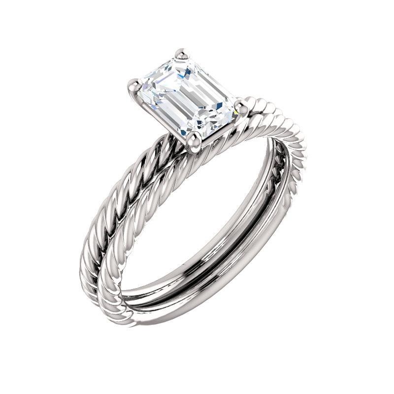 The Lacey Emerald Moissanite Engagement Ring Rope Solitaire Setting White GoldWith Matching Band