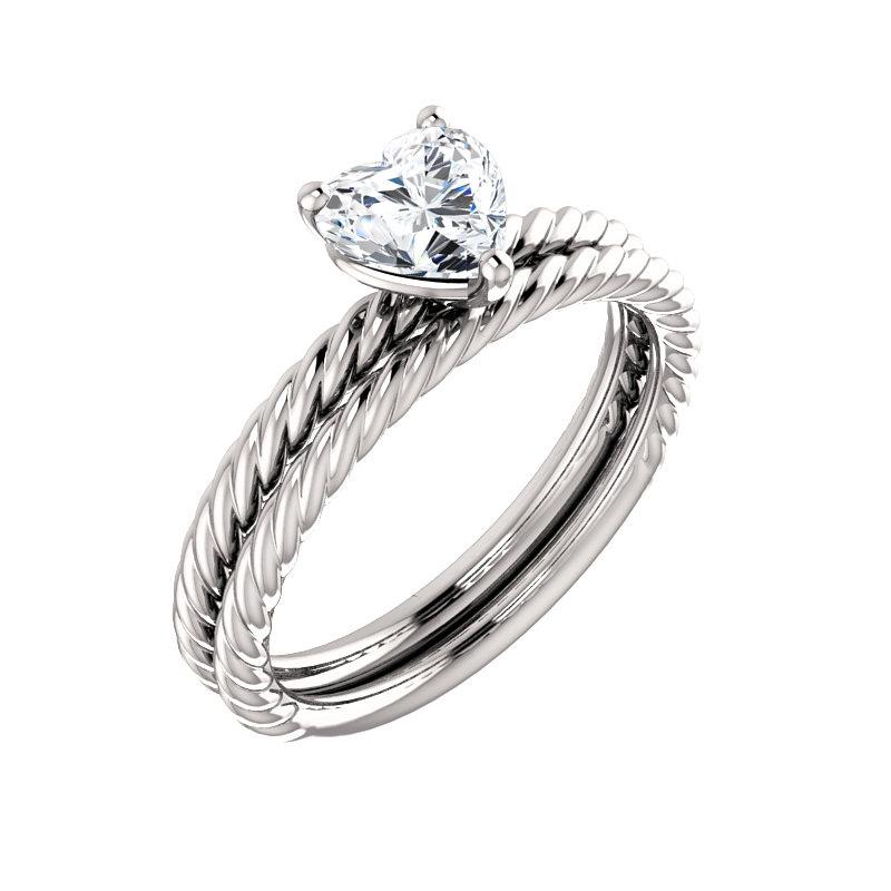 The Lacey Heart Moissanite Engagement Ring Rope Solitaire Setting White GoldWith Matching Band