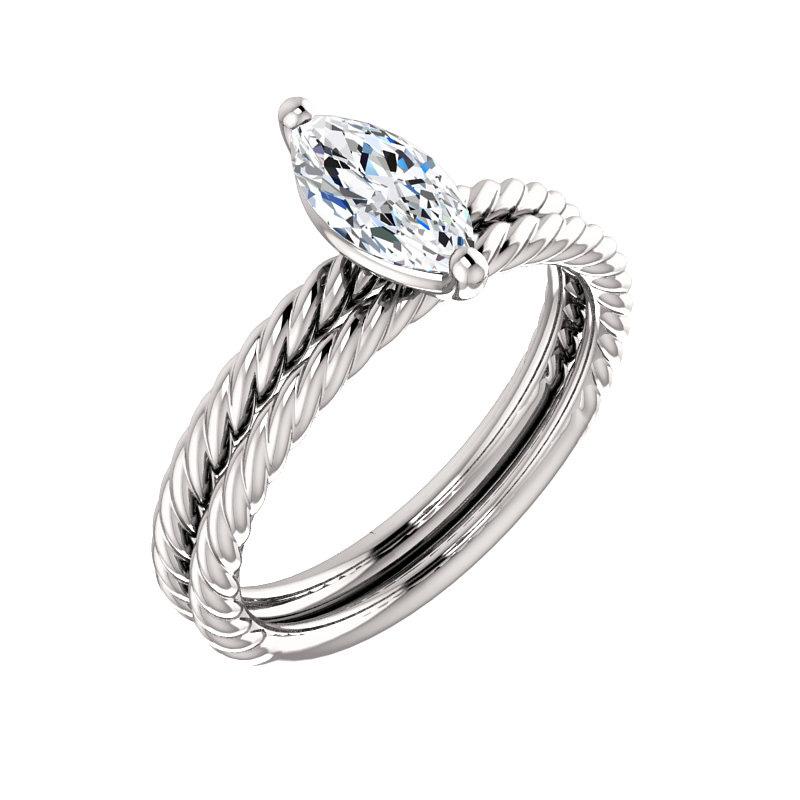 The Lacey Marquise Moissanite Engagement Ring Rope Solitaire Setting White GoldWith Matching Band