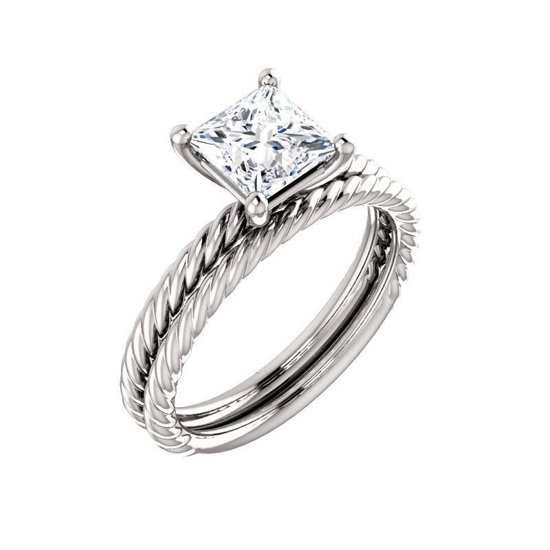 The Lacey Princess Moissanite Engagement Ring Rope Solitaire Setting White GoldWith Matching Band