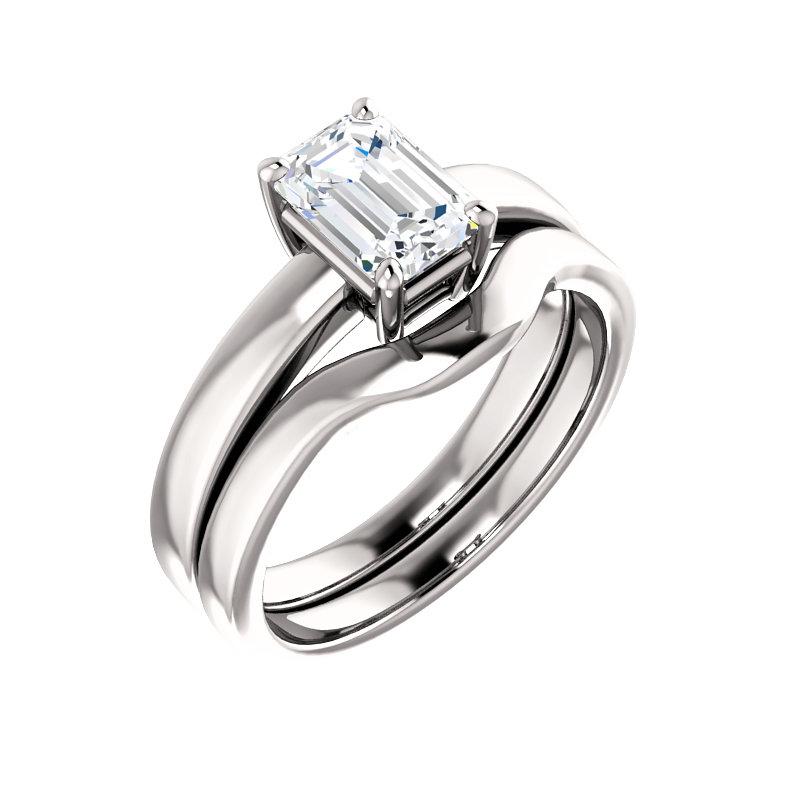 The Jamie Emerald Moissanite Engagement Ring Solitaire Setting White Gold With Matching Band